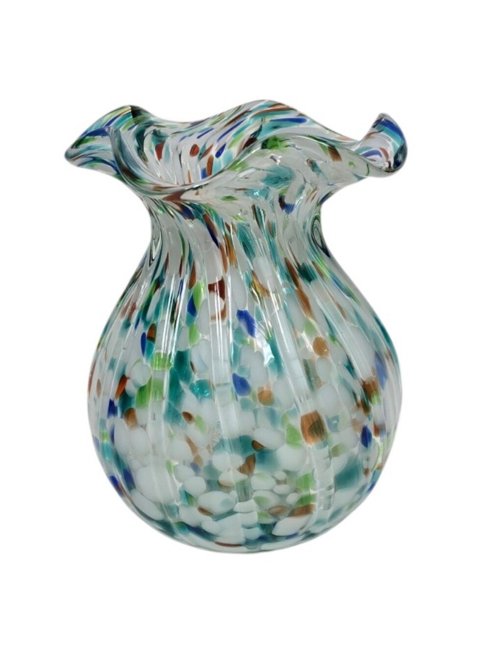Hand Blown Art Glass Vase Ruffled Rim Confetti Frit Aqua Blue White 7.5"